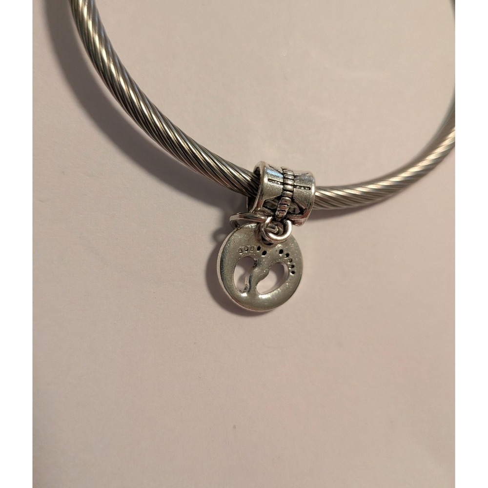 Silver Baby Feet Charm Cable Wire Bangle Bracelet Motherhood Jewelry